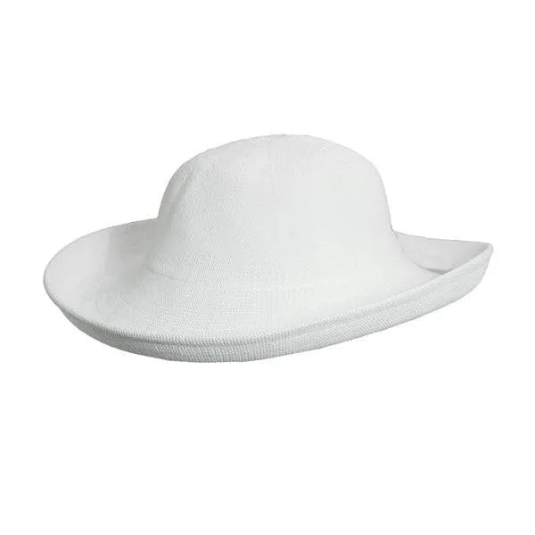 White Scala Kissimmee women's sun hat with wide brim and stylish design, perfect for outdoor sun protection.