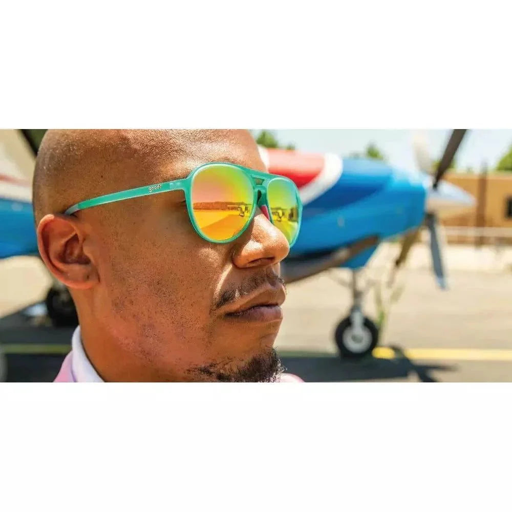 Kitty Hawkers Ray Blockers MACH G polarized sunglasses worn on face, stylish accessories by Rare Air Discs.