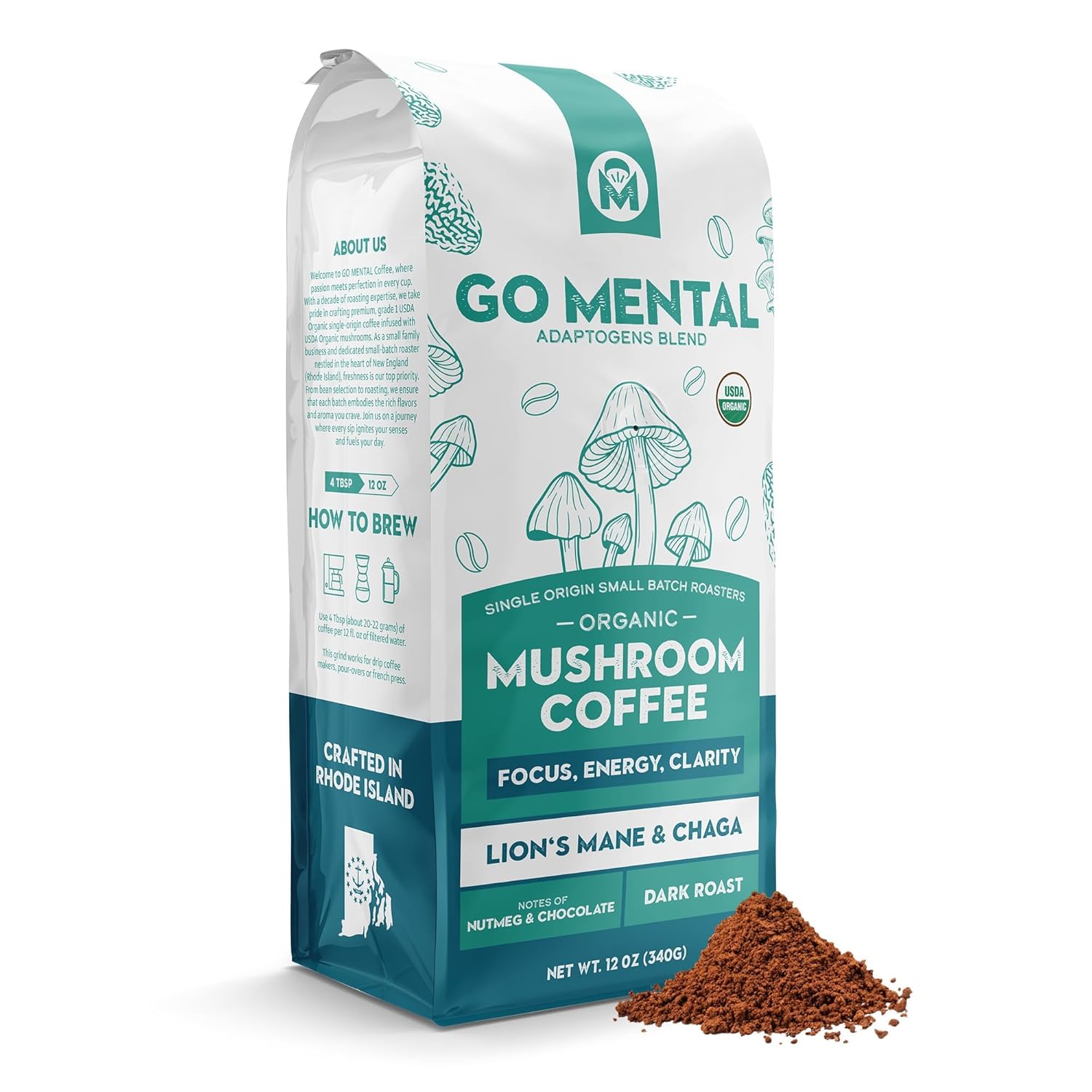Organic Lion's Mane and Chaga Mushroom Coffee Dark Roast by GO MENTAL MUSHROOM COFFEE, featuring a steaming cup of rich, dark brew.