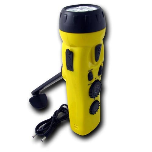 Yellow 4-in-1 Dynamo flashlight with hand crank radio and phone charger, ideal for emergency light and communication.