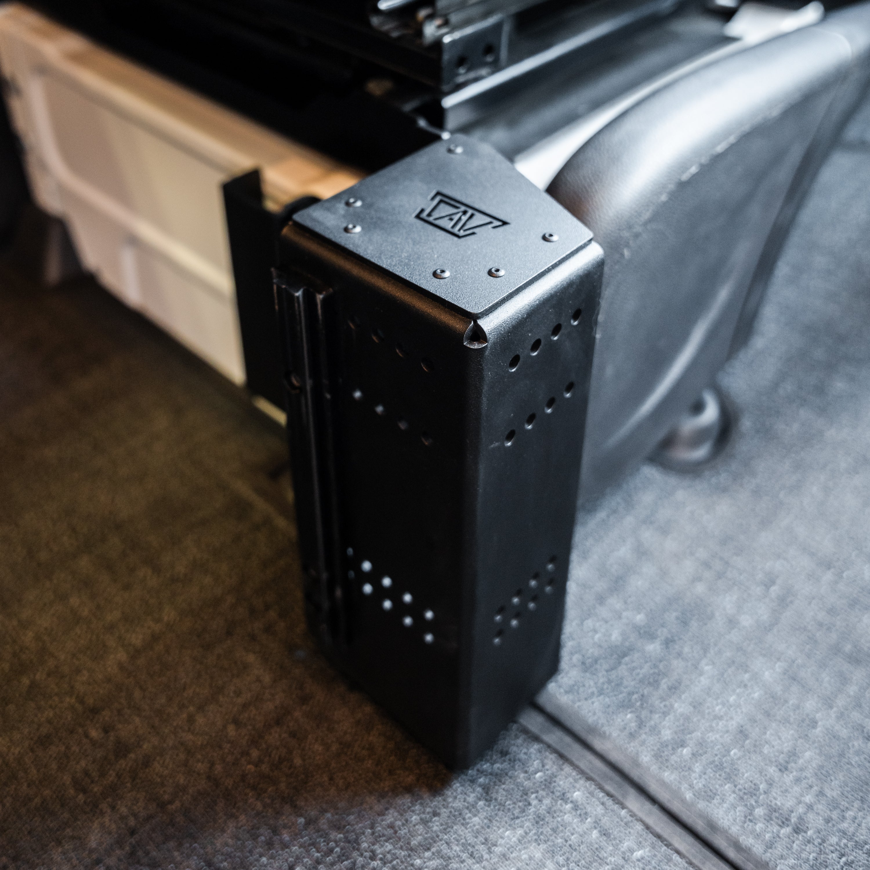 Canyon Adventure Vans console table bracket by CAV Branded Products, showing a sturdy black metal bracket for furniture support.
