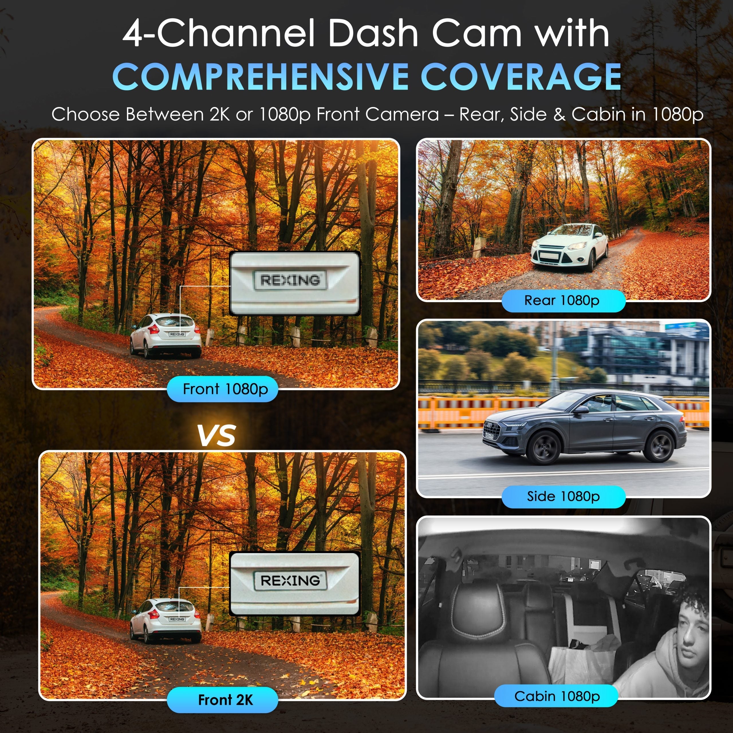 Rexing L4 Series 4-channel dash cam with ultra-wide angle, night vision, Wi-Fi, GPS, and app control mounted on a vehicle dashboard.
