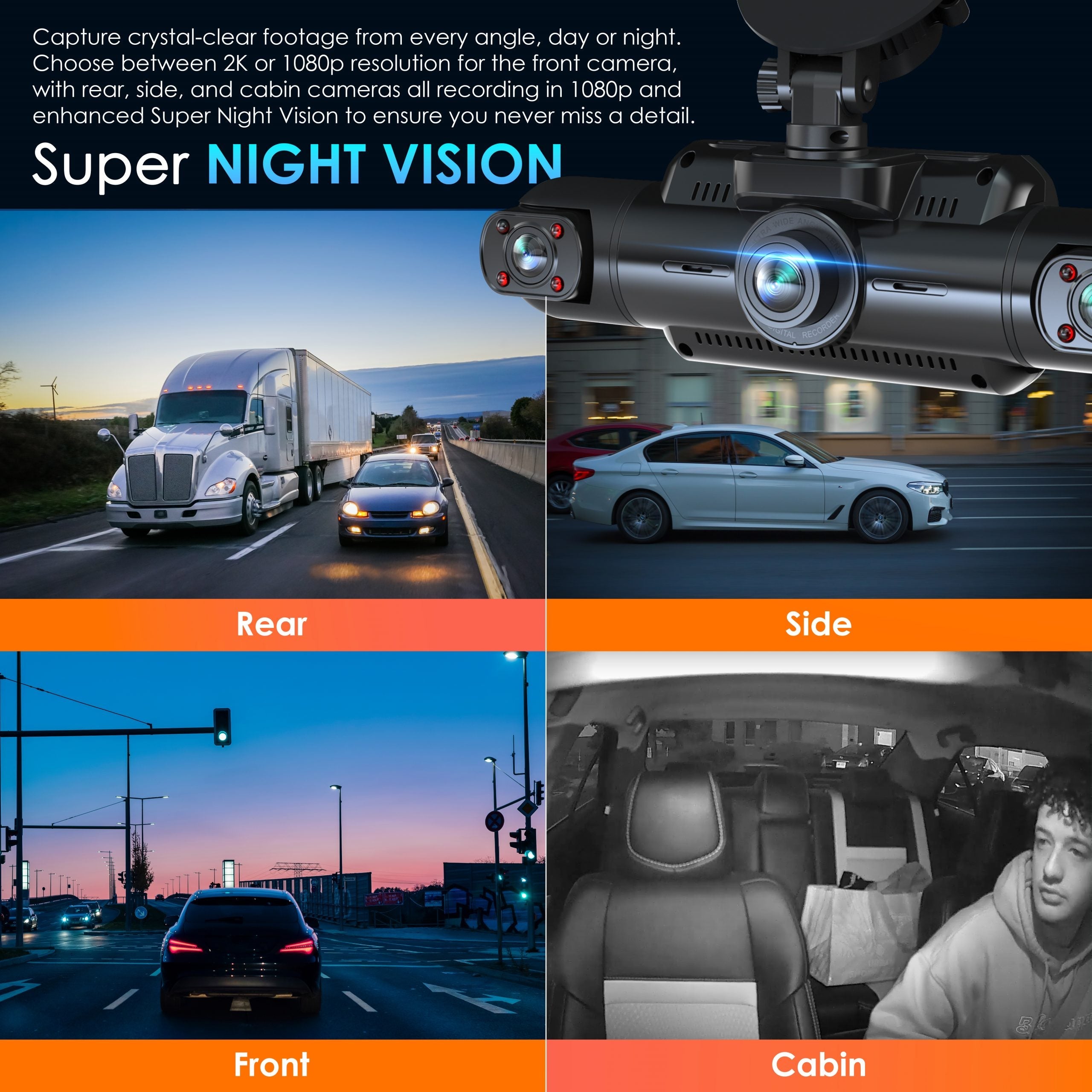 Rexing L4 Series 4-channel dash cam showing front and interior views with ultra-wide angle lenses and GPS module.