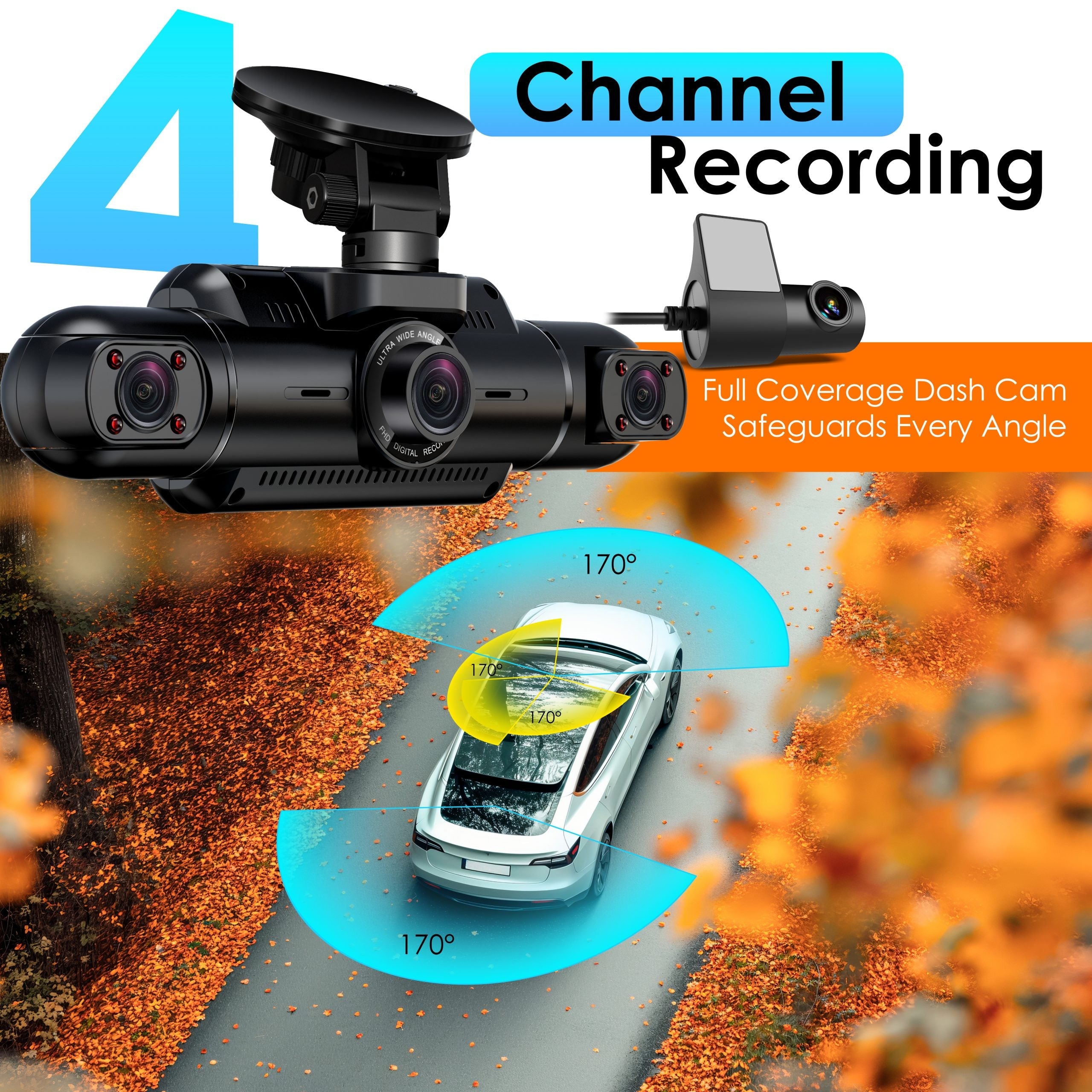 Rexing L4 Series 4-channel dash cam showing front and interior views with ultra-wide lens and night vision features.