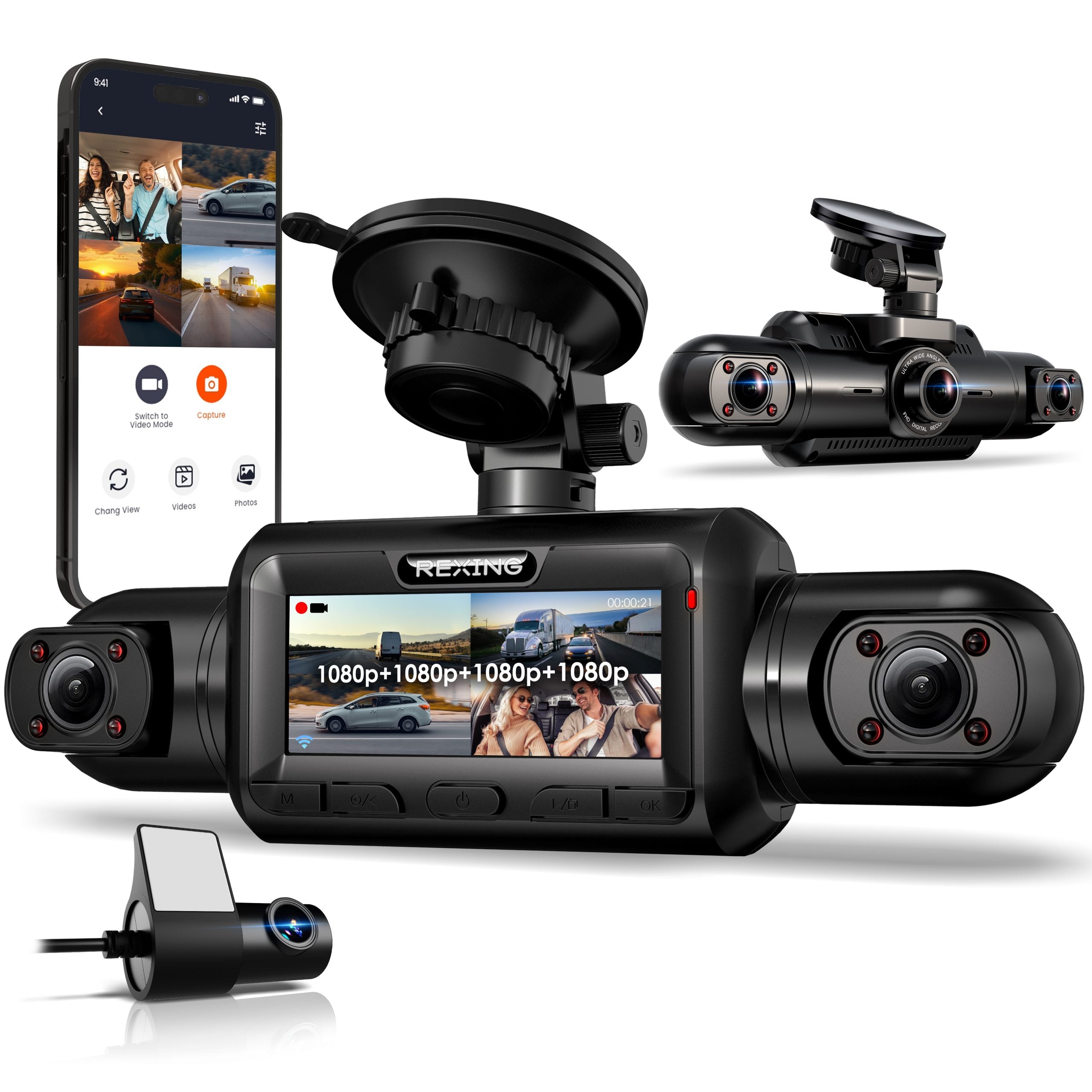 Rexing L4 Series 4-channel dash cam showing front and interior views with ultra-wide lens, night vision, and GPS display.