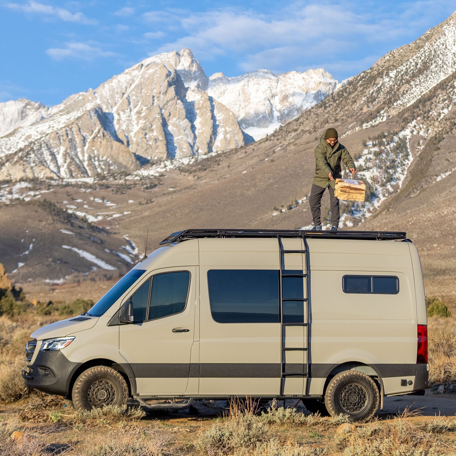 Vanspeed Sprinter side ladder from The Van Mart, exterior vehicle part, mounted on side of camper van for roof access.