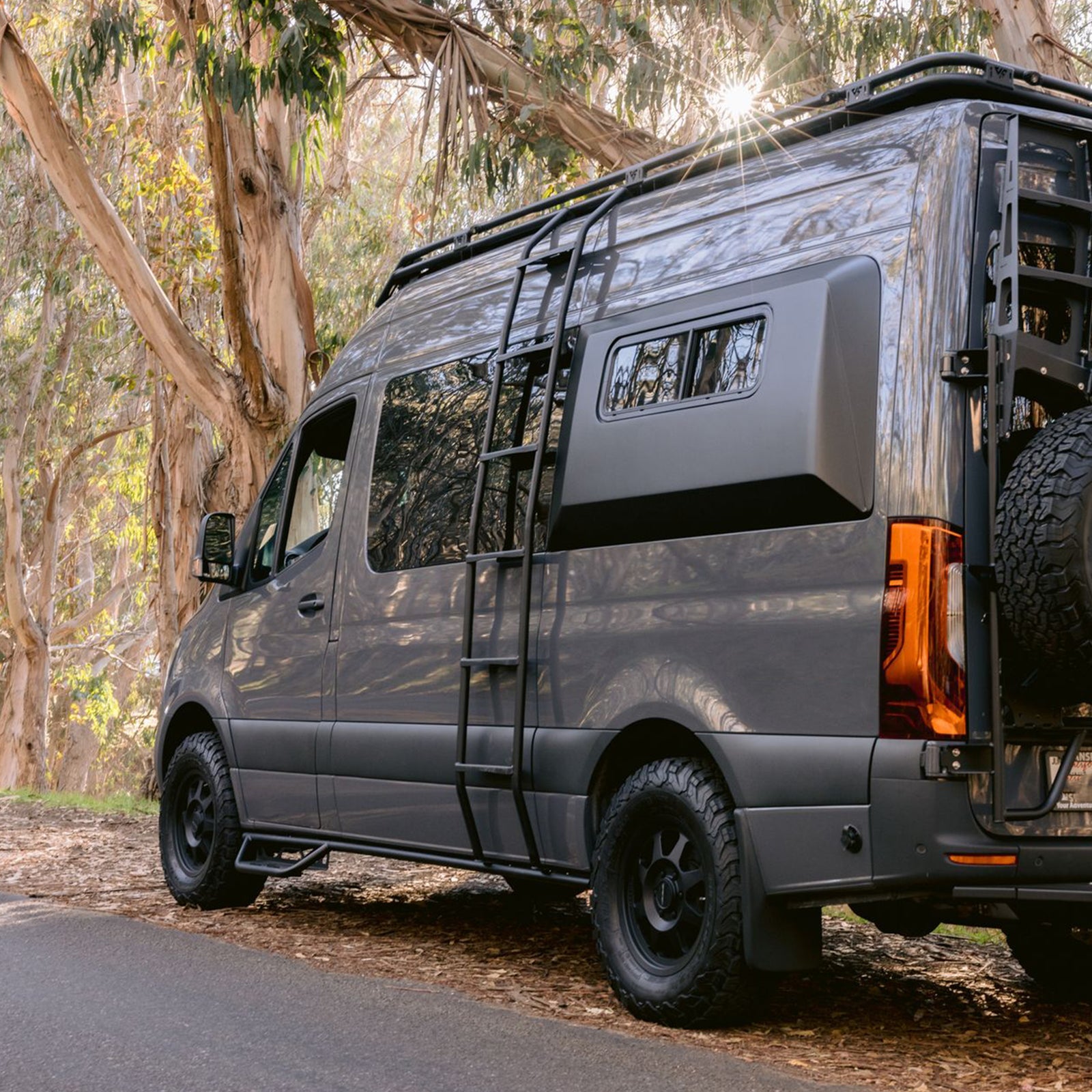 Vanspeed Sprinter side ladder by The Van Mart mounted on a van exterior, showing sturdy metal rungs and side support for vehicle access.