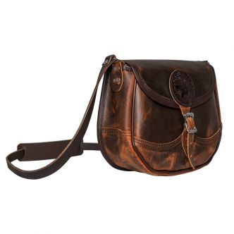 Backcountry Sportsman Heritage Leather Medium Shell Purse showing side view with textured leather and compact design.