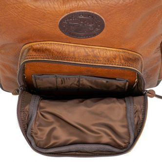 Open Bison Leather Standard Backpack by Backcountry Sportsman showing front view with leather straps and spacious main compartment.