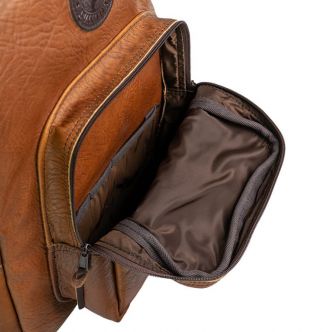 Open Bison Leather Standard Backpack by Backcountry Sportsman showing front view with adjustable shoulder straps and leather finish.
