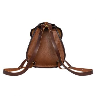 Backcountry Sportsman Bison Leather Lady Slippers pack with brown leather and sturdy straps, designed for outdoor adventures.