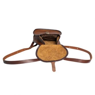 Backcountry Sportsman Bison Leather Lady Slipper Pack interior view showing brown leather and spacious compartments.