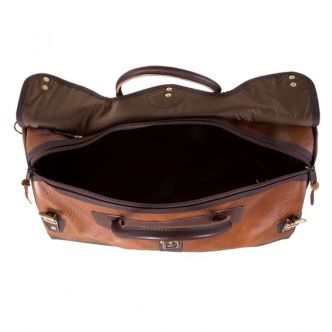 Open Backcountry Sportsman Bison Leather Sportsman's Duffel showing interior compartments and rugged leather design.