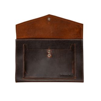 Open view of Backcountry Sportsman Heritage Leather Business Portfolio showing interior compartments and classic leather design.