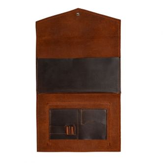 Backcountry Sportsman Heritage Leather Business Portfolio open showing organized interior with compartments and leather finish.