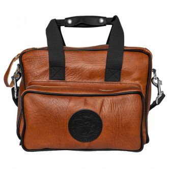Backcountry Sportsman Bison Leather Range Bag in black with sturdy leather straps and brass buckles, designed for outdoor shooting trips.