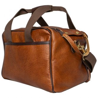 Backside view of Bison Leather Range Bag by Backcountry Sportsman, showing durable leather construction and adjustable strap.