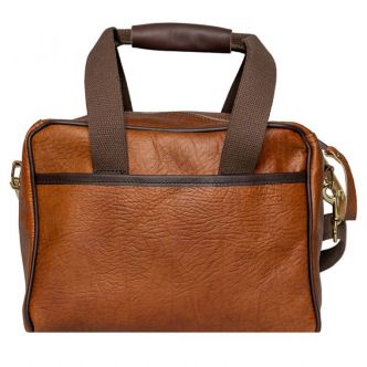 Backcountry Sportsman Bison Leather Range Bag with adjustable strap and multiple compartments, shown on a neutral background.