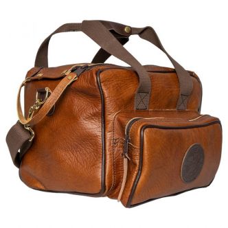 Backcountry Sportsman Bison Leather Range Bag showing front and side with sturdy leather construction and adjustable strap