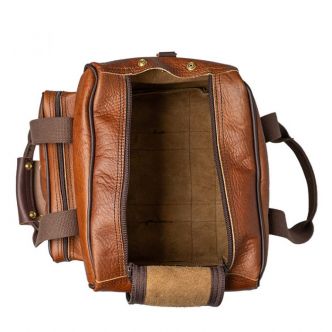 Inside view of the Backcountry Sportsman Bison Leather Range Bag showing compartments and leather interior design.