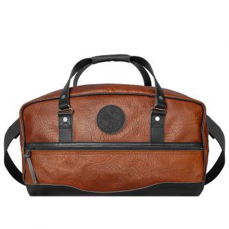 Backcountry Sportsman Bison Leather Weekender Duffel bag in black, showing the durable leather exterior and spacious design.