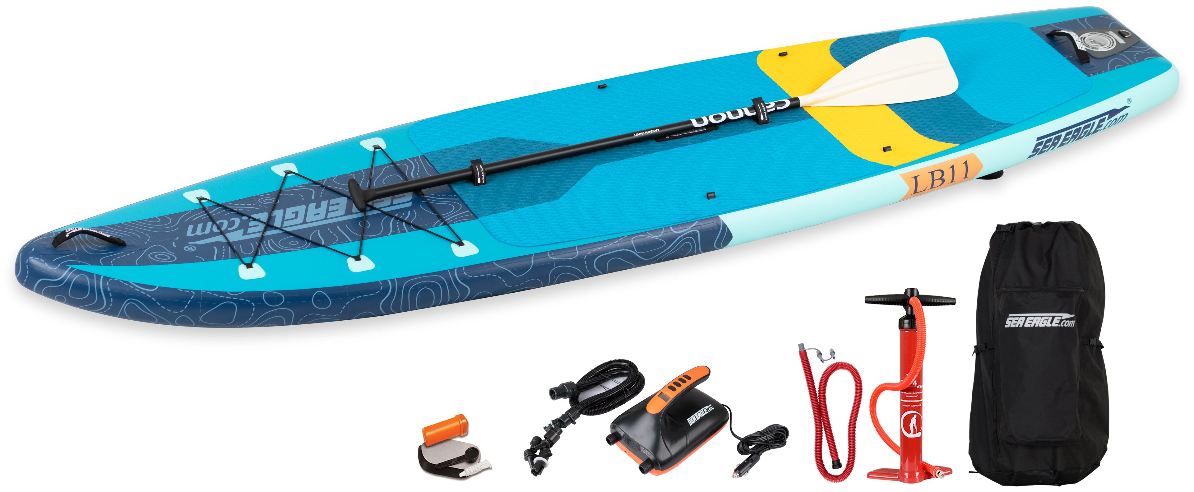 Backcountry Sportsman LB11 LongBoard inflatable paddleboard with electric pump, shown with pump and deflated board.