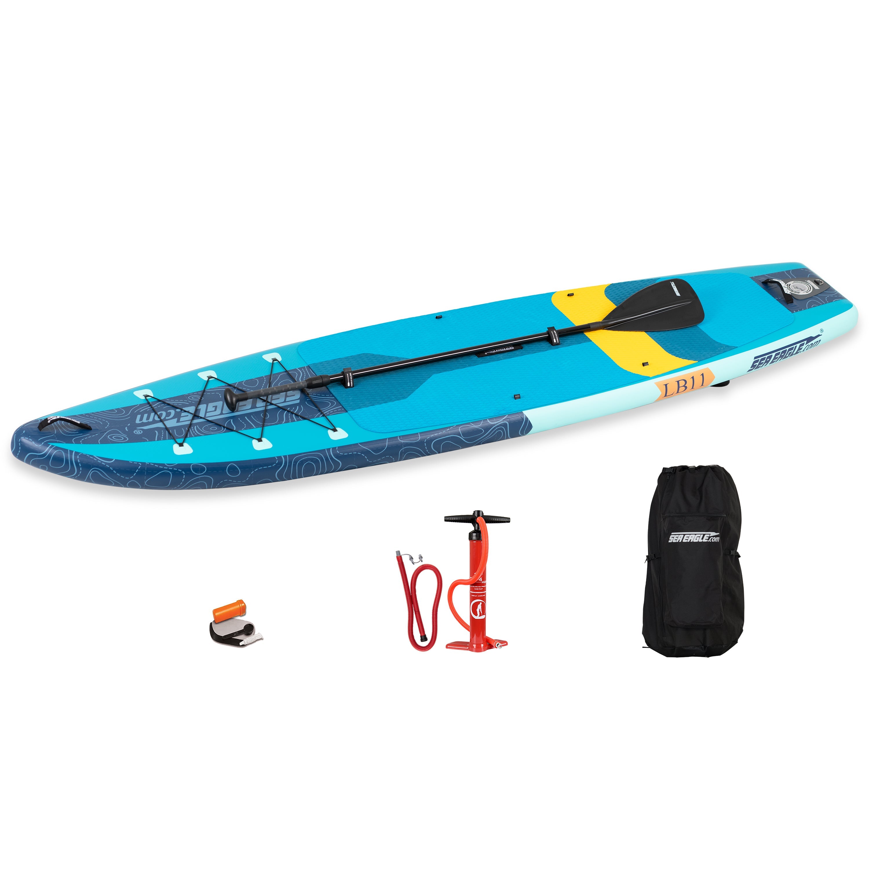 Backcountry Sportsman Sea Eagle LB11 inflatable longboard SUP kayak with paddle on square background.