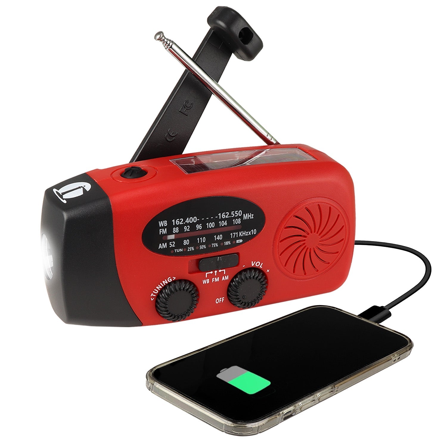 4-in-1 Dynamo NOAA radio and flashlight with cell phone charging capability, ideal for emergencies and outdoor use.