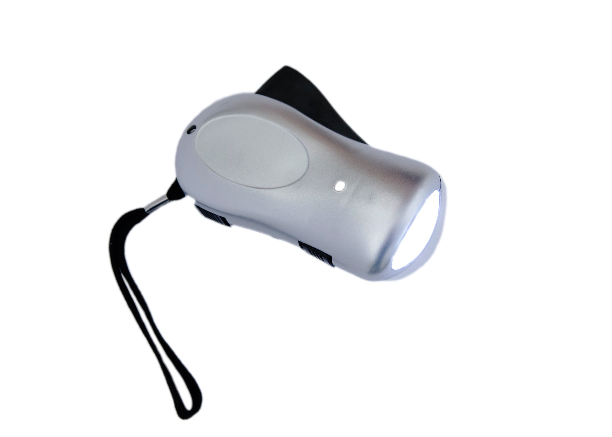 Squeeze powered LED flashlight from Quakekits.com, compact light and communication device with hand squeeze mechanism.