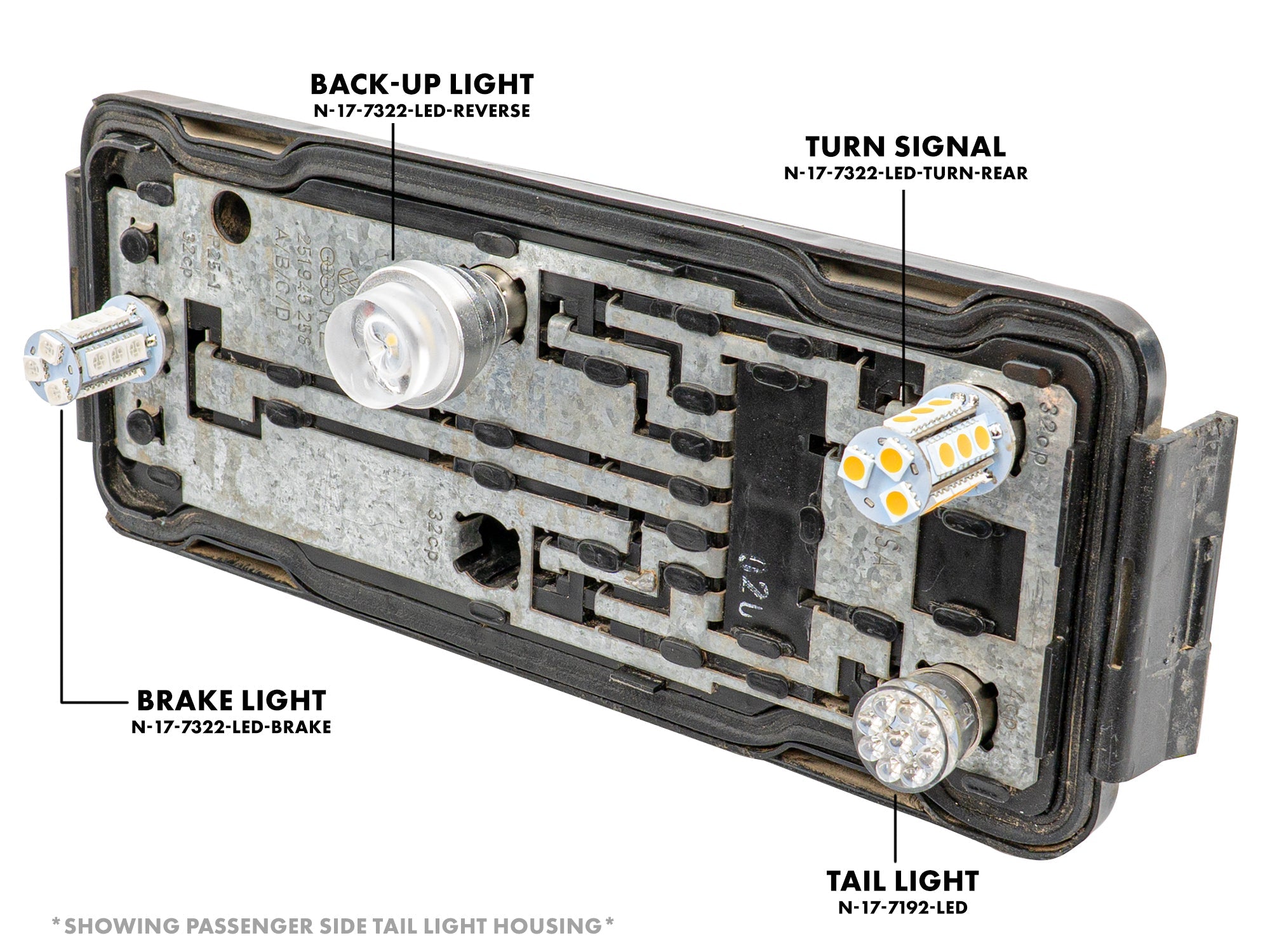 GoWesty exterior LED bulb kit for Vanagon, showing rear bulb housing with installed LED bulbs for improved vehicle lighting.