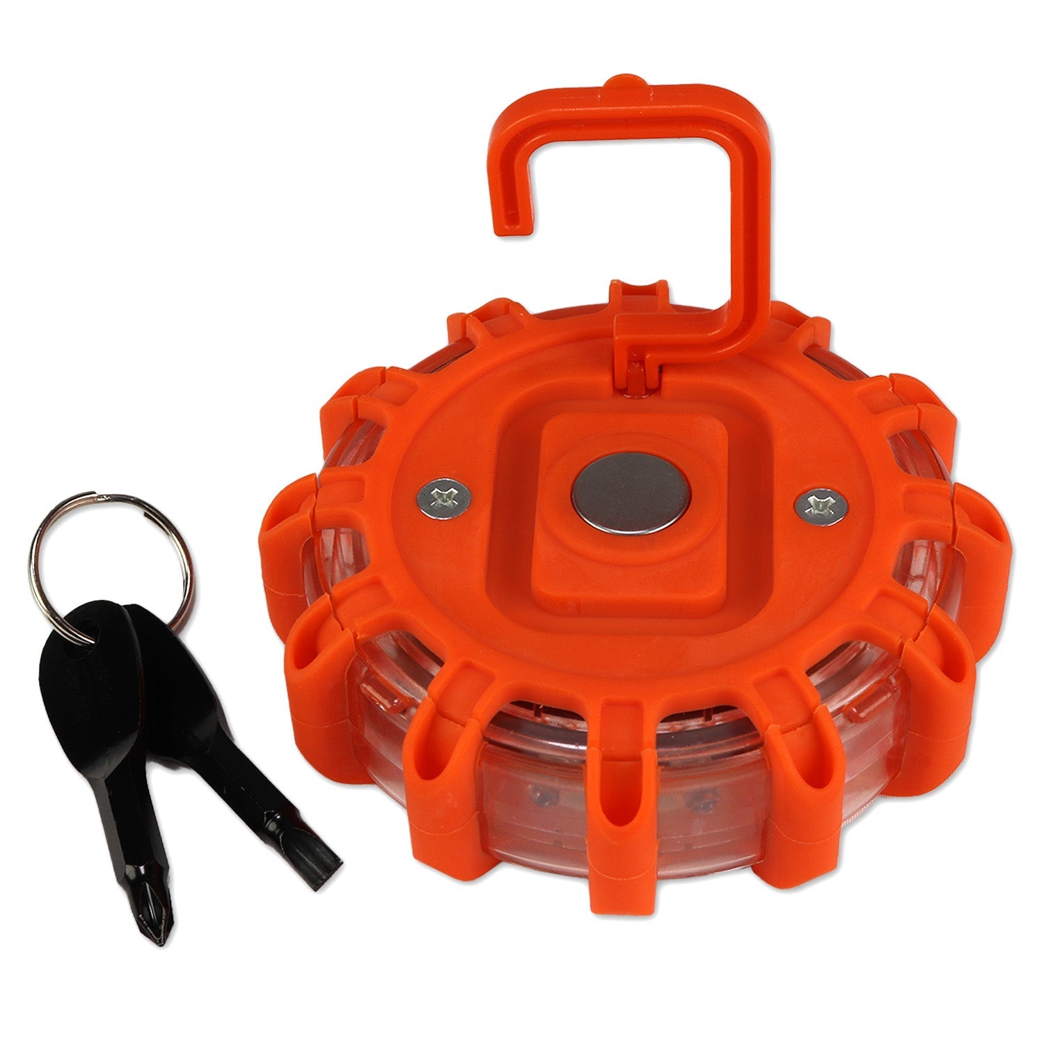 Heavy duty strobing LED road flare with tool set, featuring multiple flashing modes for emergency signaling.