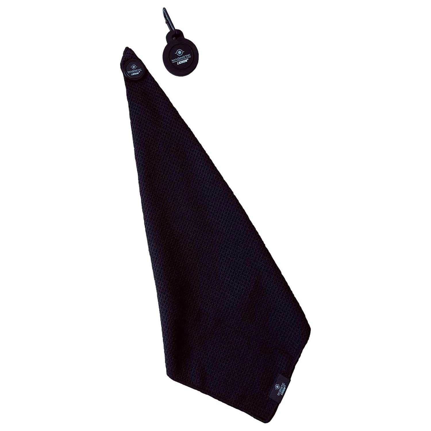 ZEITBIKE Lignum Tee Magnetic Golf Towel in black, featuring a soft fabric surface with magnetic attachment for golf clubs.