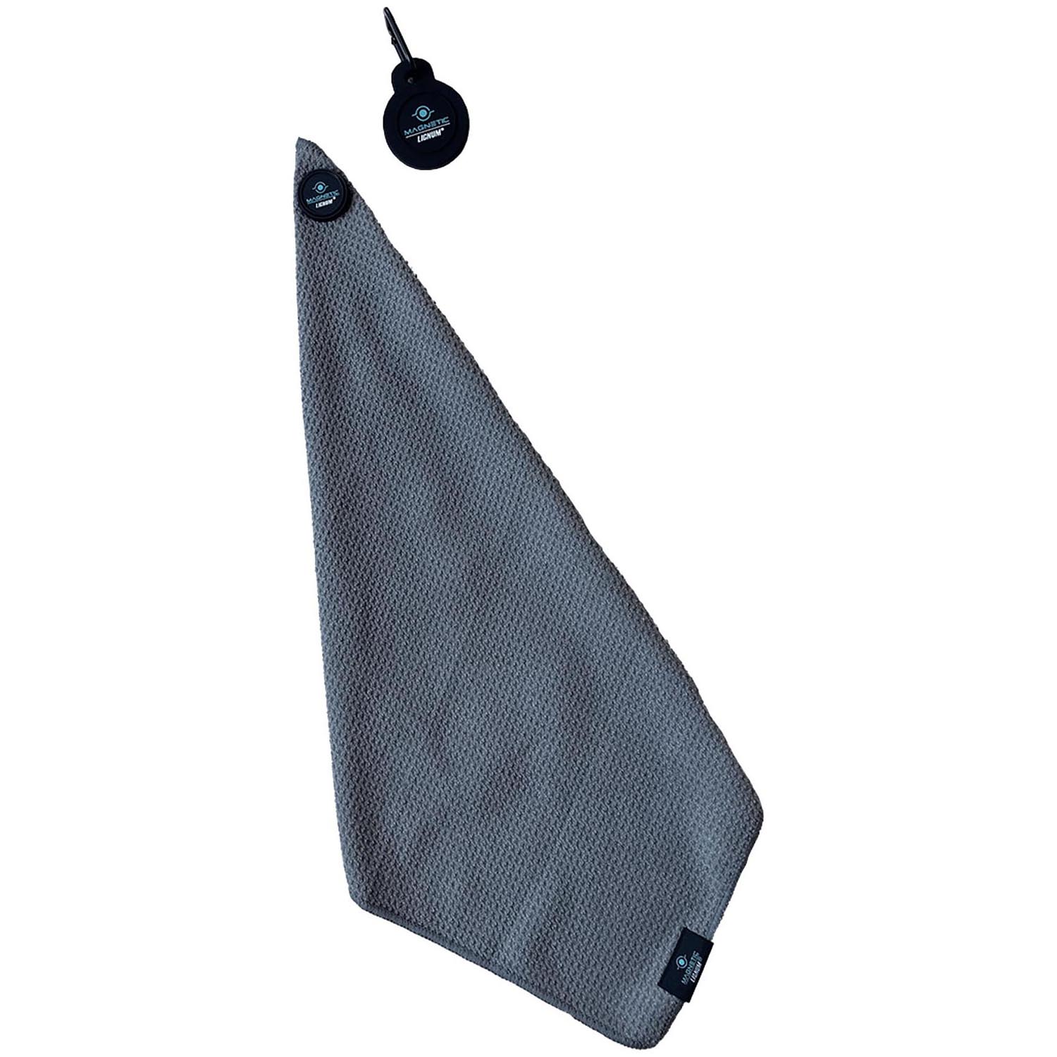 Grey ZEITBIKE Lignum Tee magnetic golf towel with logo, designed for golf clubs and accessories.