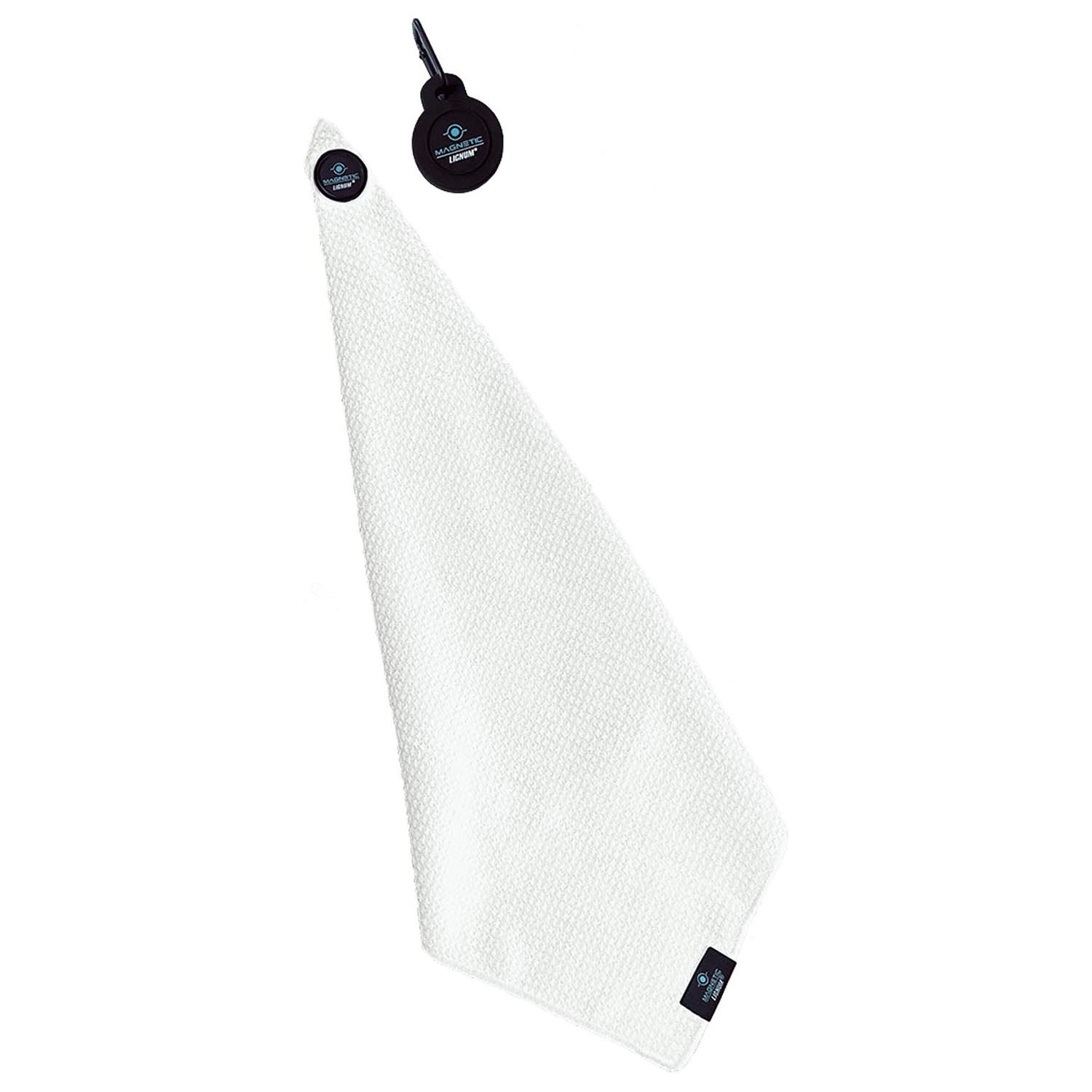 White Lignum Tee magnetic golf towel by ZEITBIKE with a soft fabric surface and magnetic attachment for convenient use on the golf course.