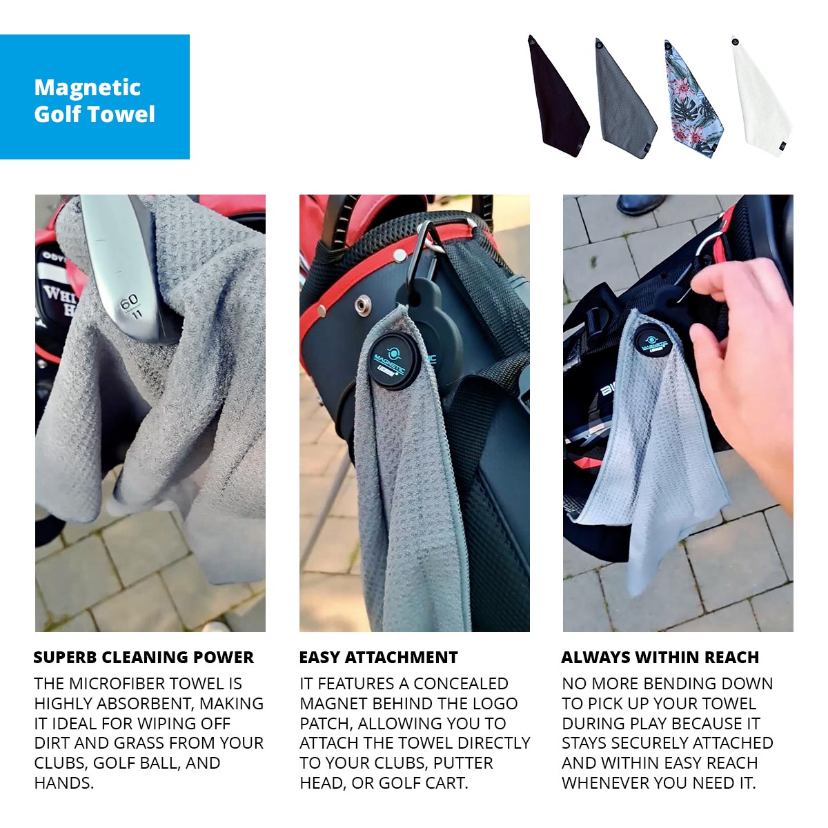 ZEITBIKE Lignum Tee magnetic golf towel, soft microfiber material with logo, attached to golf clubs for cleaning and drying clubs and balls.