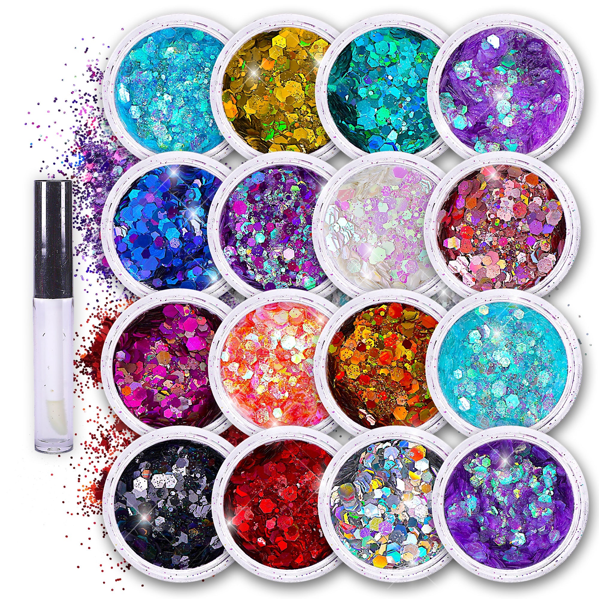 16 pack + 1 glitter glue Chunky Cosmetic Holographic Glitter | Body, Face & Hair Safe - OVERLANDERS Outfitter