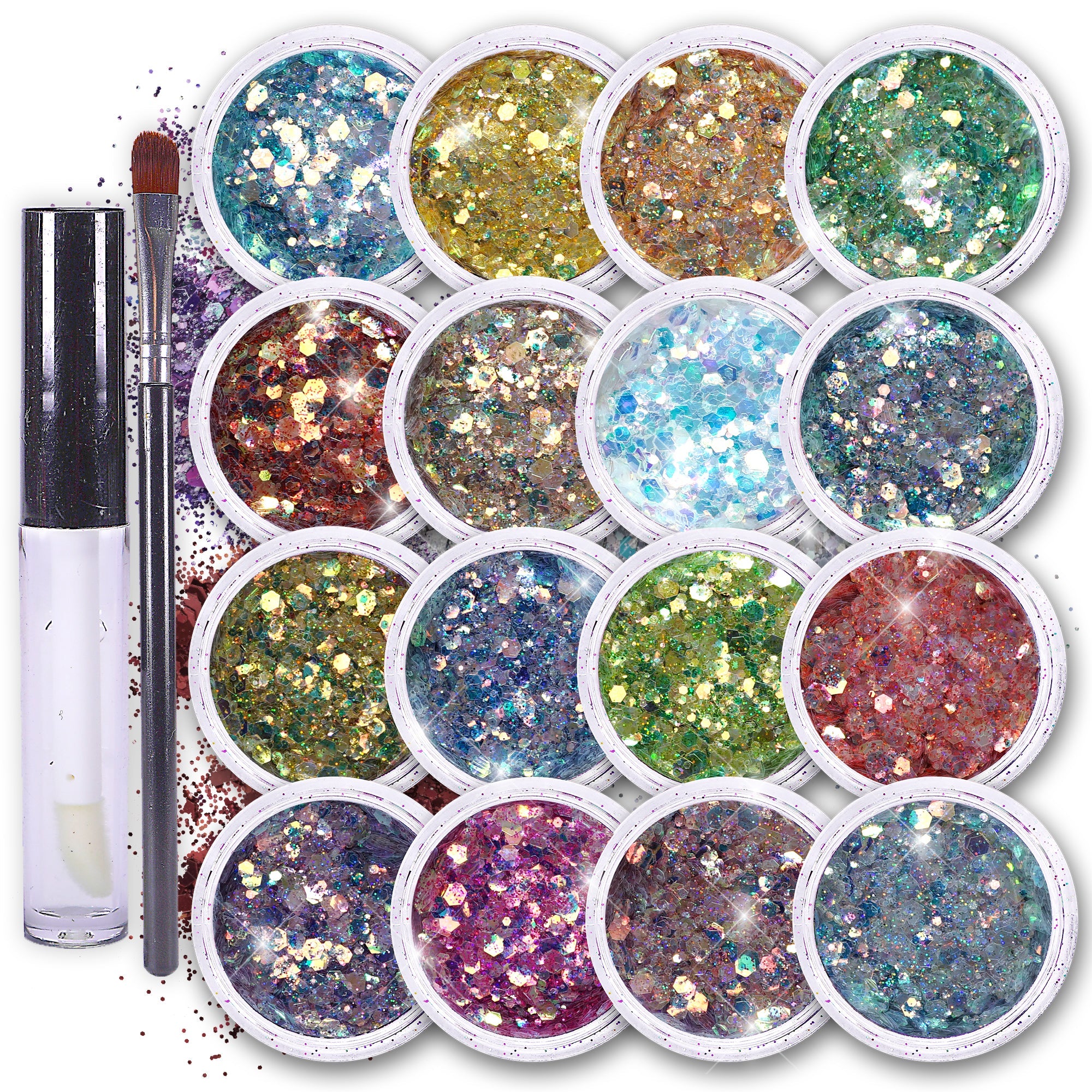 Fairy Tears Chunky Holographic Body Glitter I 16 Colors + Glitter Glue for Face Glitter Makeup, Hair, Eye & Fine Glitter Eyeshadow - Perfect for Halloween, Resin, Tumblers, Craft, Cosmetic & Nail Art - OVERLANDERS Outfitter