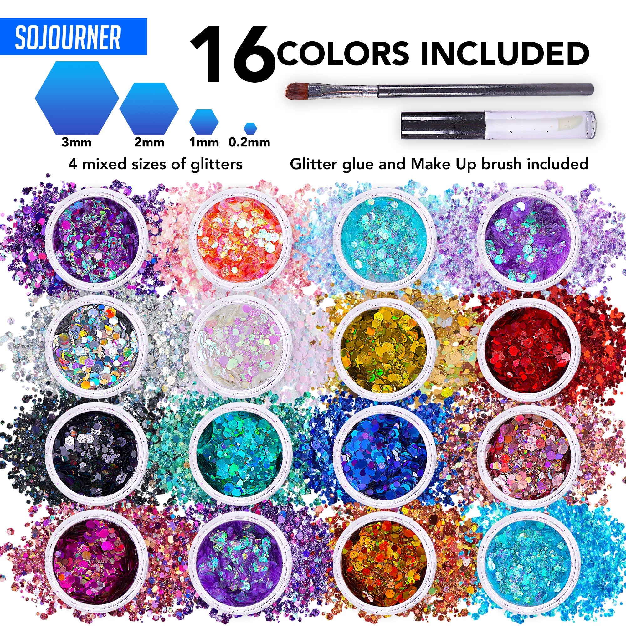 16 pack + 1 glitter glue Chunky Cosmetic Holographic Glitter | Body, Face & Hair Safe - OVERLANDERS Outfitter