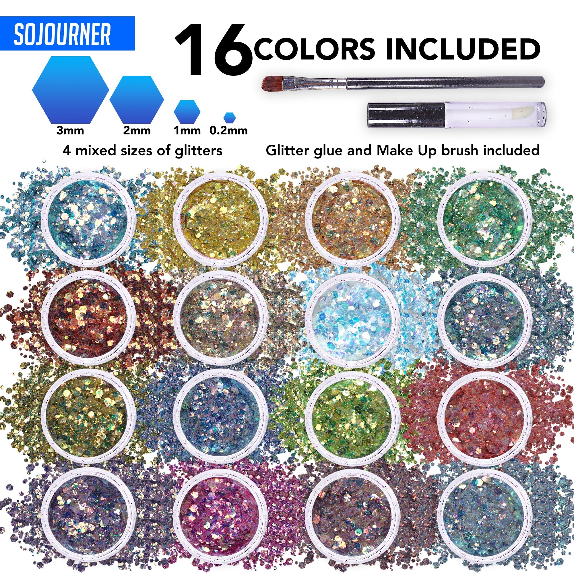Fairy Tears Chunky Holographic Body Glitter I 16 Colors + Glitter Glue for Face Glitter Makeup, Hair, Eye & Fine Glitter Eyeshadow - Perfect for Halloween, Resin, Tumblers, Craft, Cosmetic & Nail Art - OVERLANDERS Outfitter