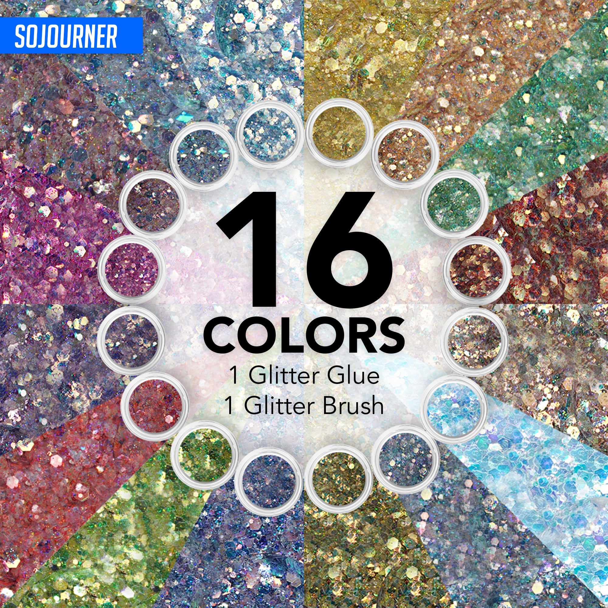 Fairy Tears Chunky Holographic Body Glitter I 16 Colors + Glitter Glue for Face Glitter Makeup, Hair, Eye & Fine Glitter Eyeshadow - Perfect for Halloween, Resin, Tumblers, Craft, Cosmetic & Nail Art - OVERLANDERS Outfitter