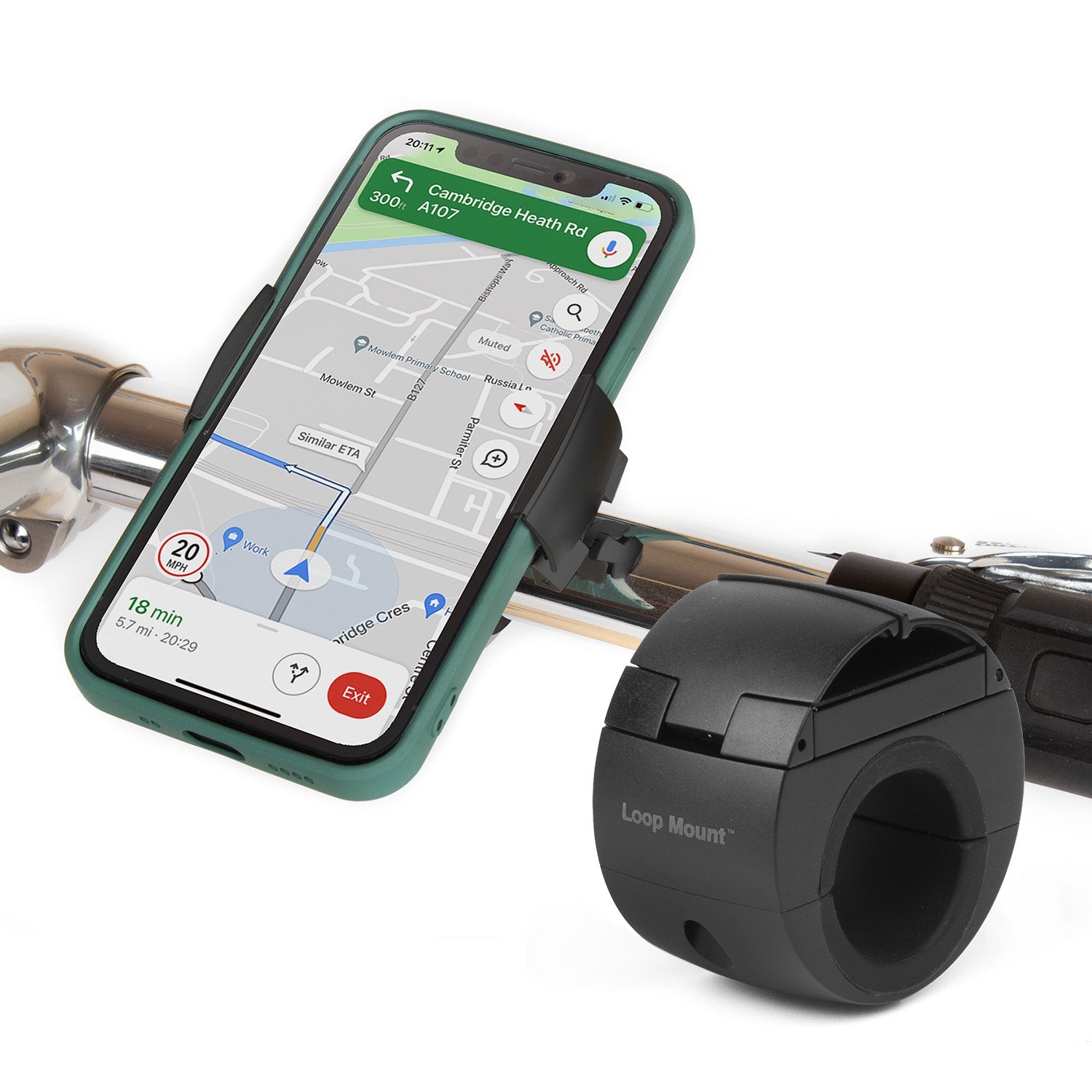 ZEITBIKE Loop Mount universal bicycle phone mount attached to bike handlebar, holding a smartphone securely for cycling.