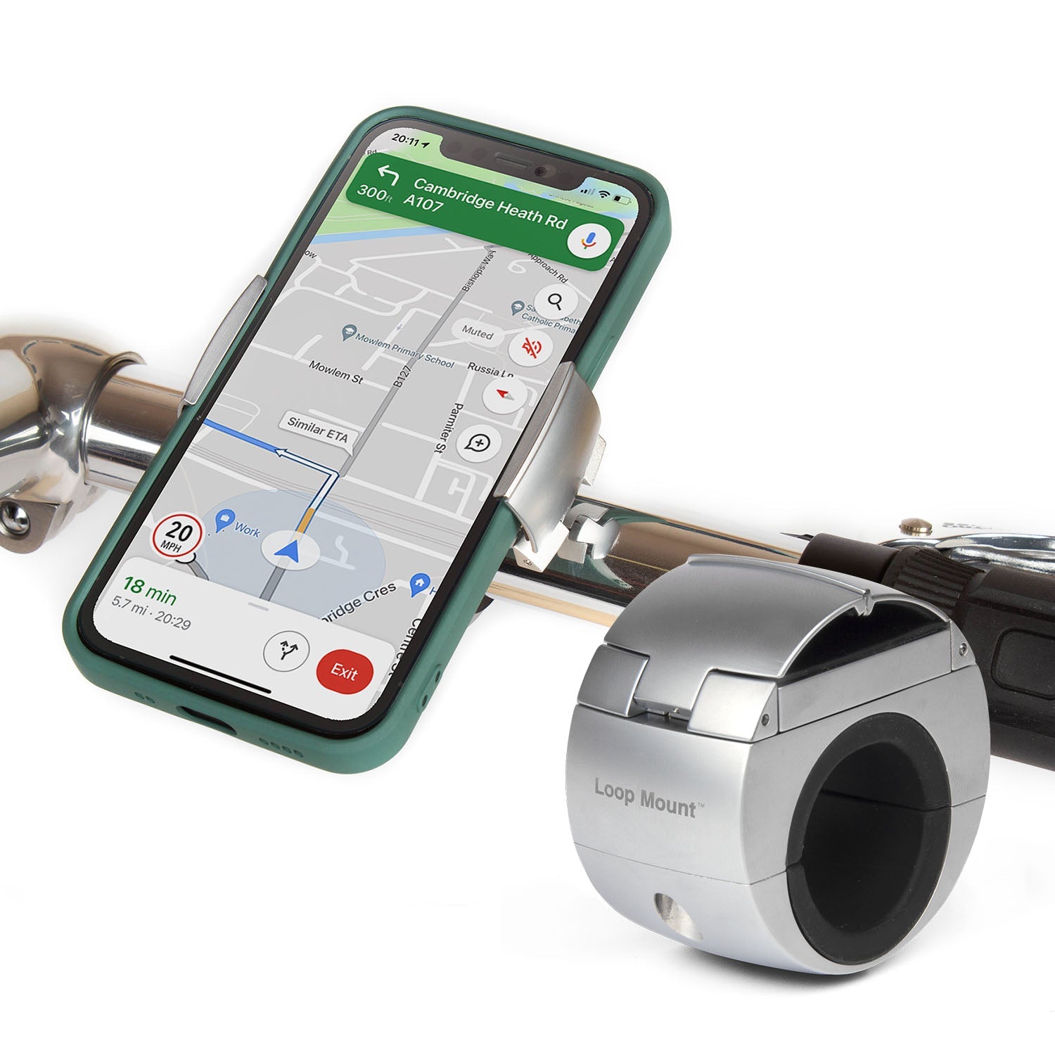 ZEITBIKE Loop Mount universal bicycle phone mount attached to a bike handlebar for secure smartphone attachment.