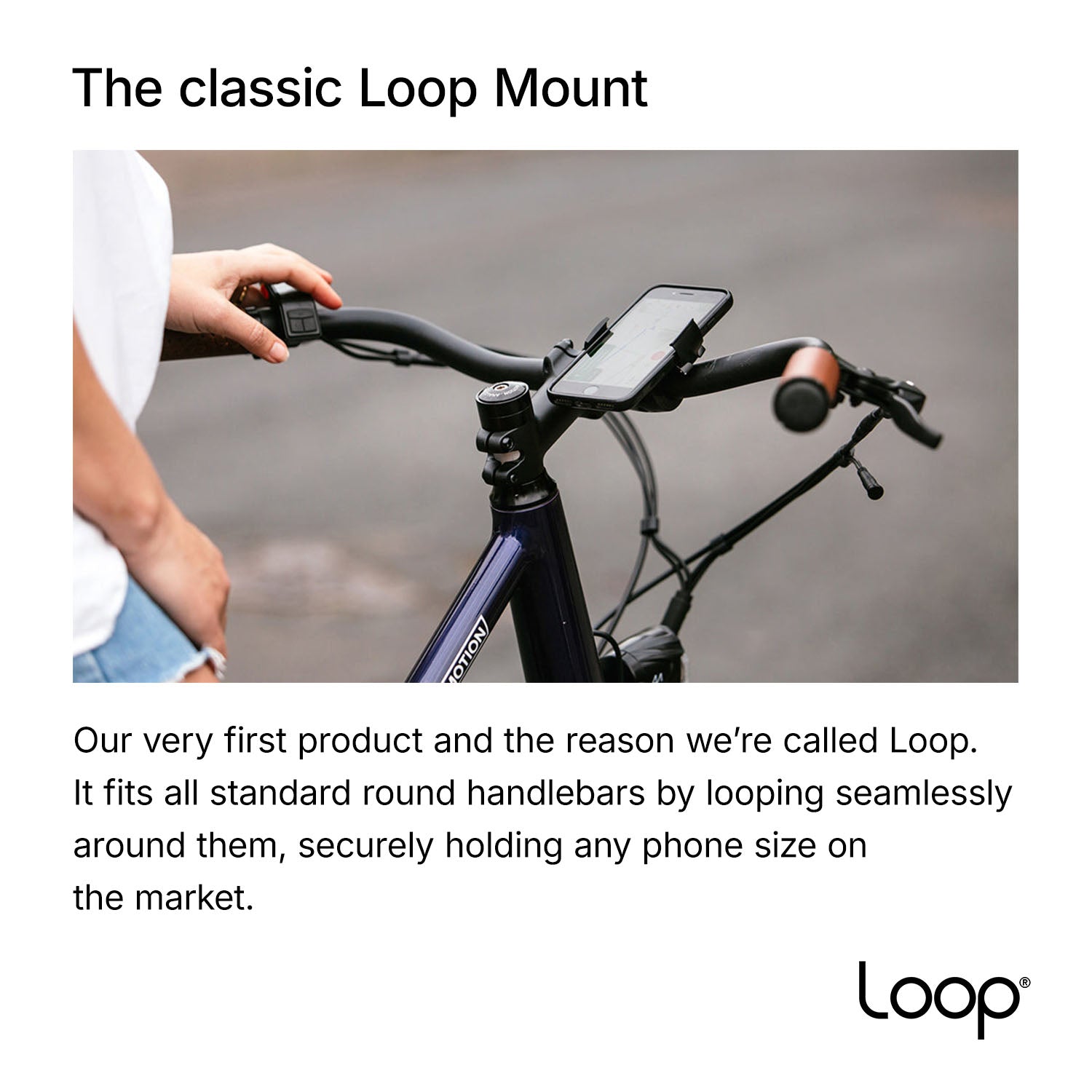 ZEITBIKE Loop Mount universal bicycle phone mount attached to bike handlebars, holding a smartphone securely during ride.