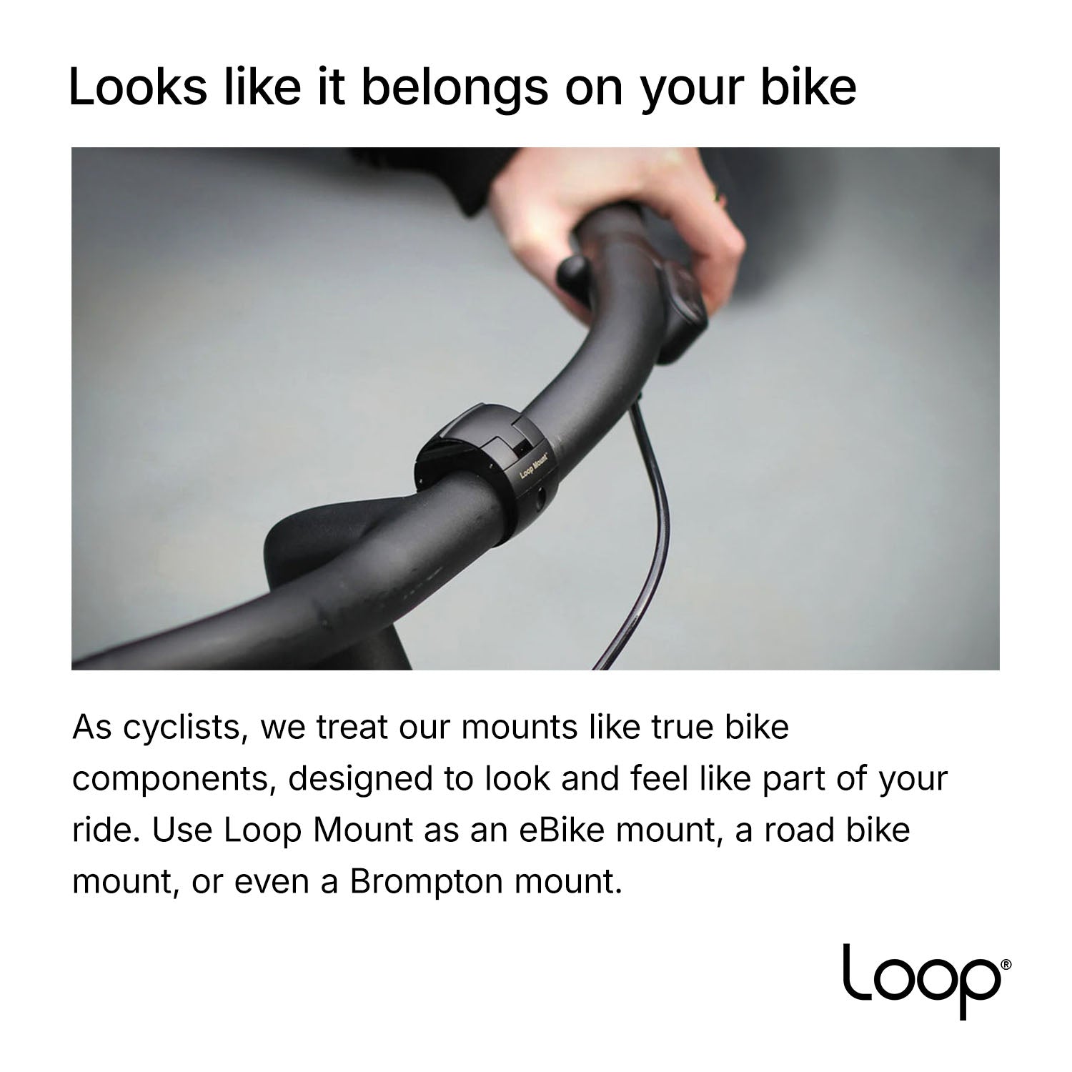 ZEITBIKE Loop Mount universal bicycle phone mount attached to bike handlebar with smartphone secured in place.