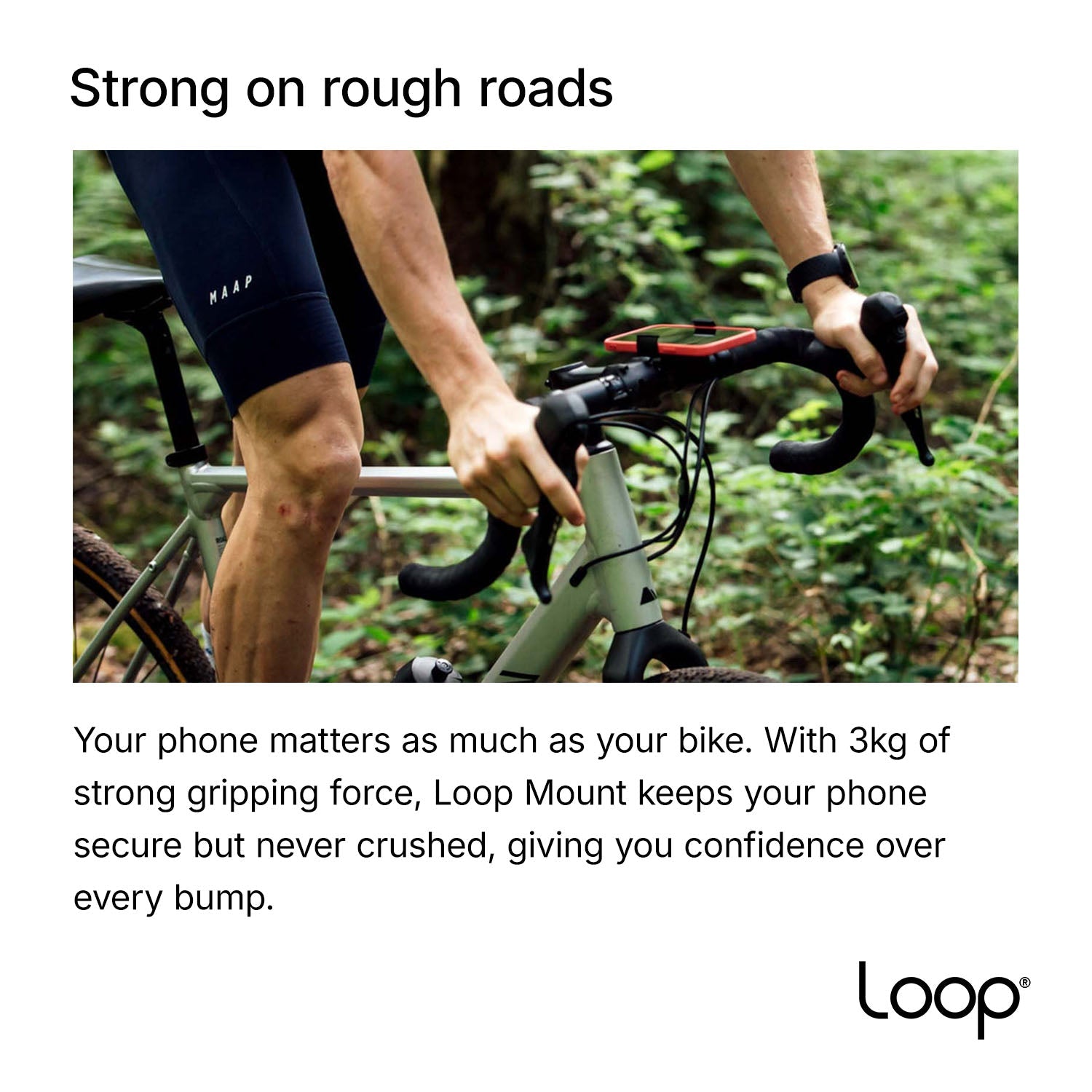 ZEITBIKE Loop Mount universal bicycle phone mount attached to handlebars, holding a smartphone securely for cycling use.