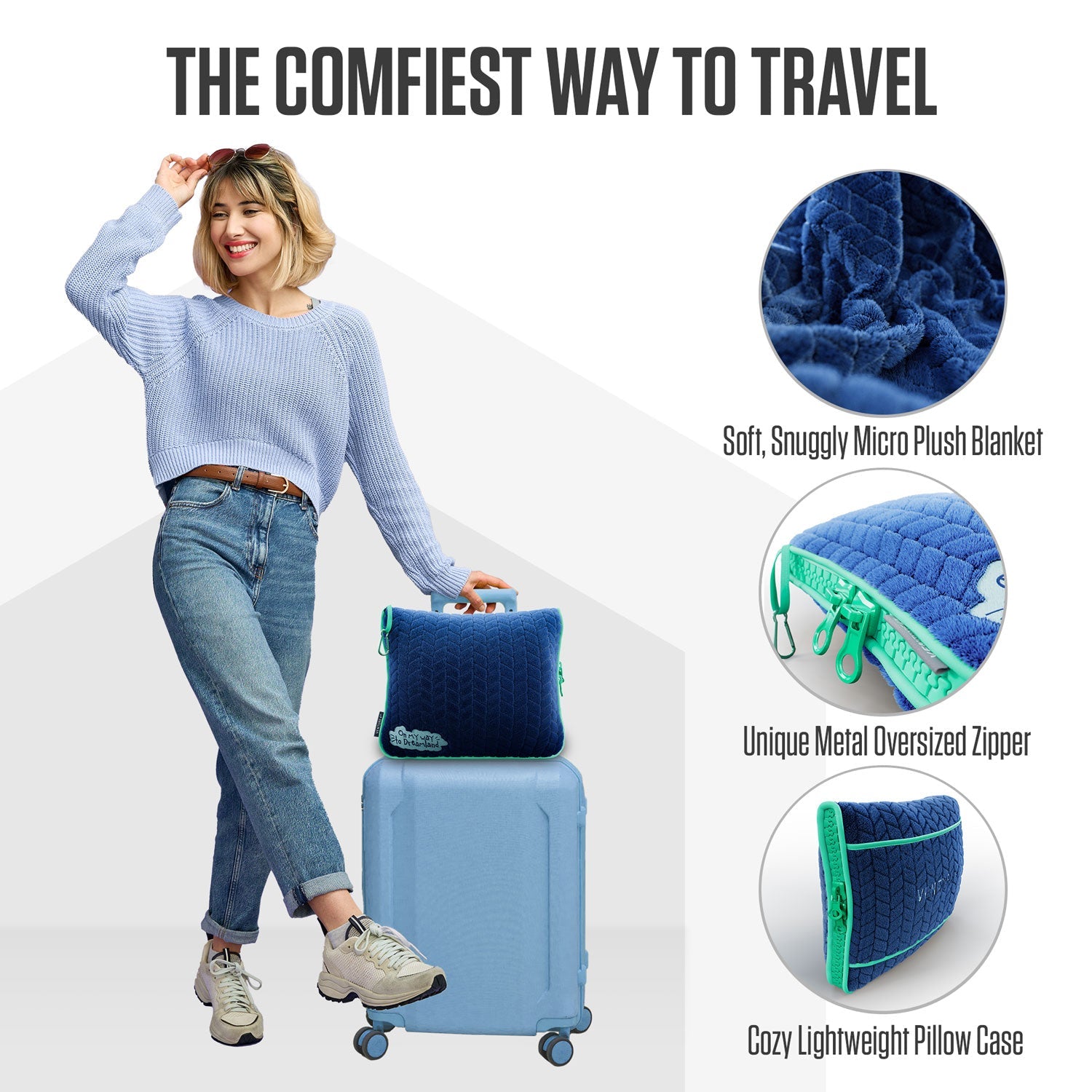VENTURE 4TH travel blanket and pillow set displayed in a cozy setting, showcasing soft fabric and compact design.