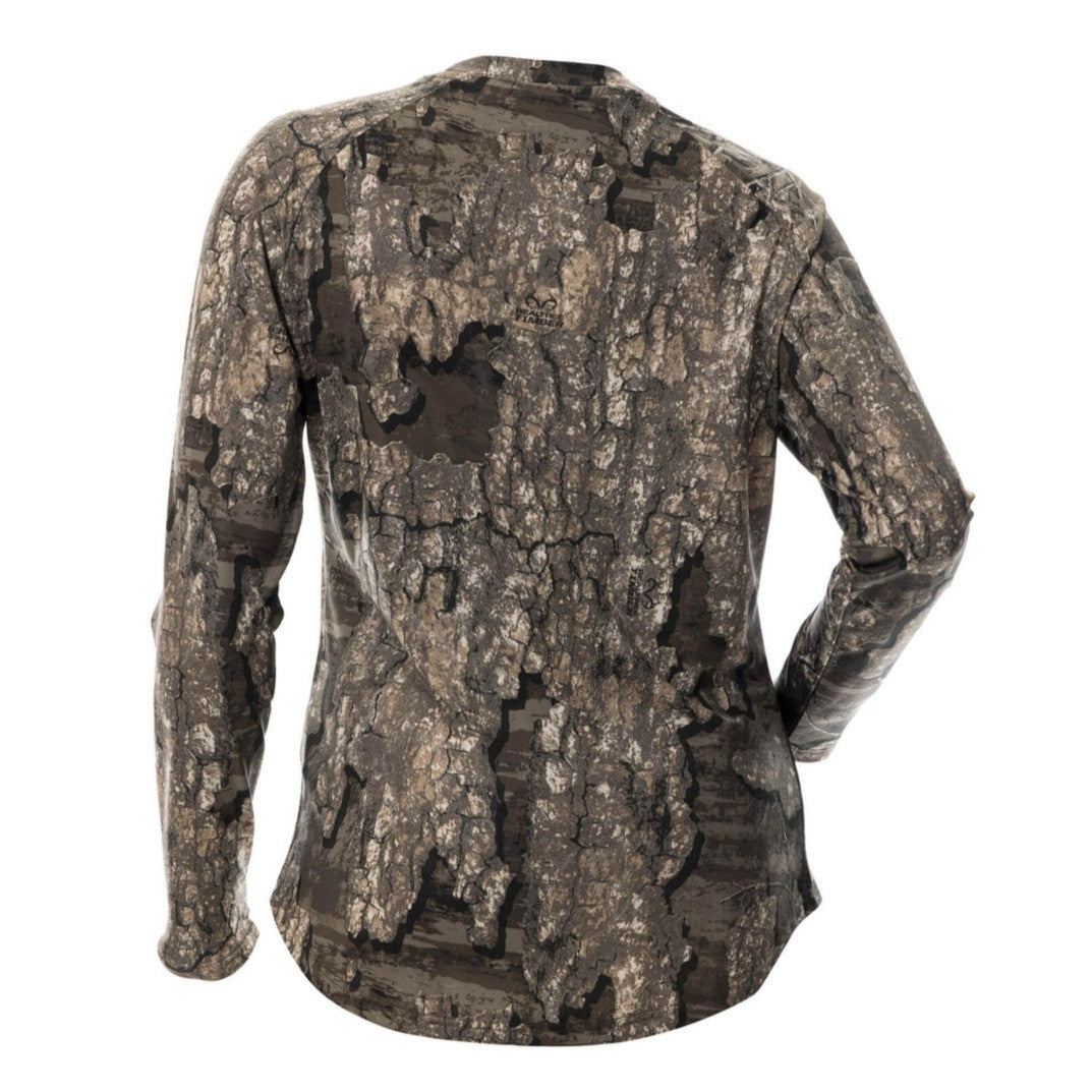 Long sleeve camo shirt by DSG OUTERWEAR with UPF 50+ protection, featuring a timber camouflage pattern and a back view.