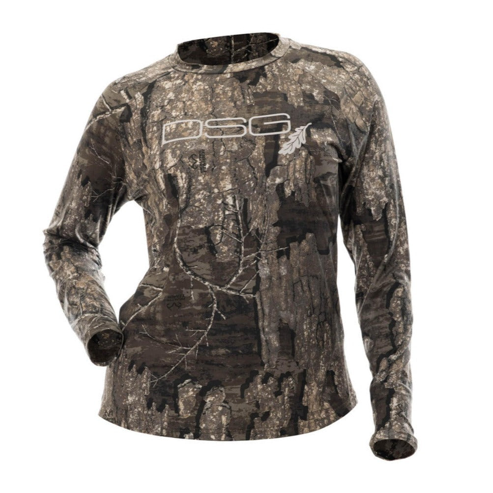 DSG OUTERWEAR long sleeve camo shirt with UPF 50+ sun protection, shown from the front in a timber camo pattern.