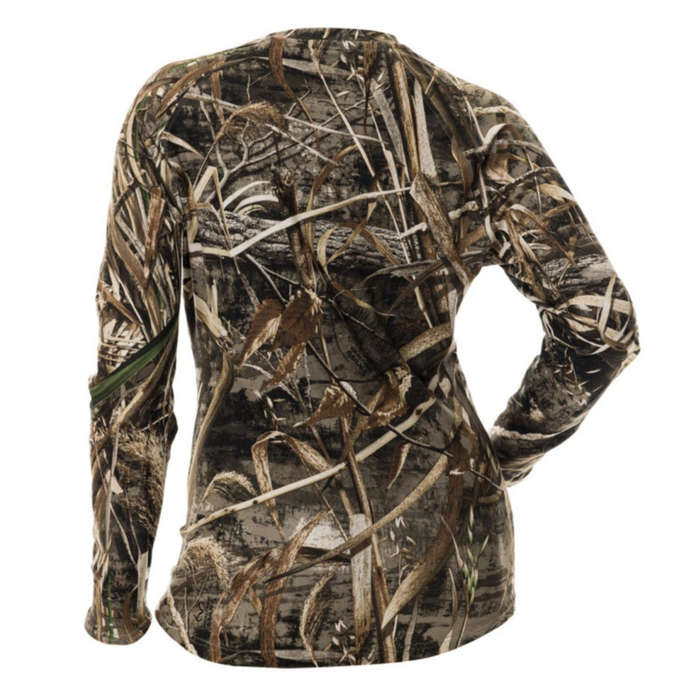 Long sleeve camouflage shirt by DSG OUTERWEAR with UPF 50+ sun protection, featuring Realtree Max5 pattern and back view.