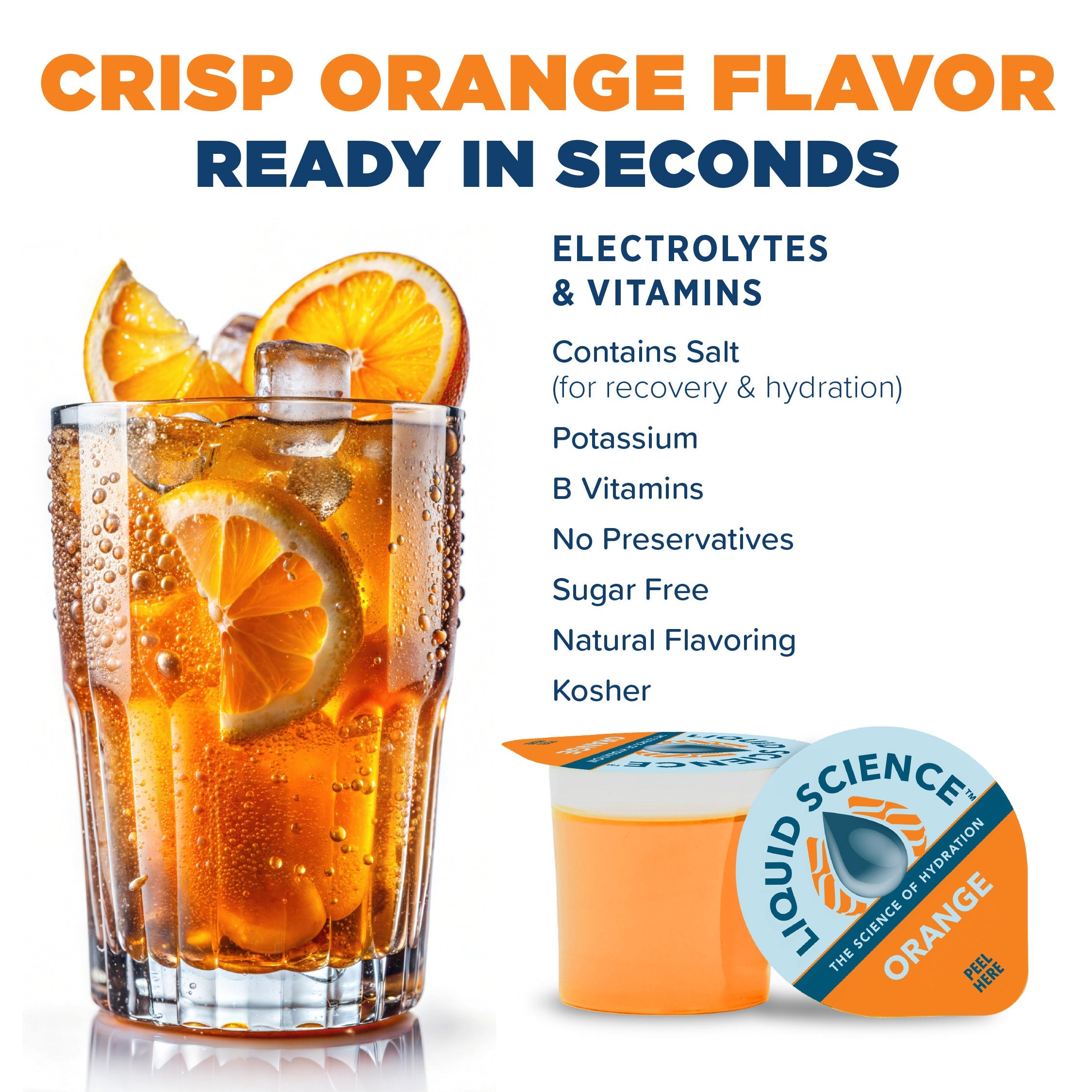 Liquid Science Orange Hydration Pods by Java House in bright orange packaging on a white background.